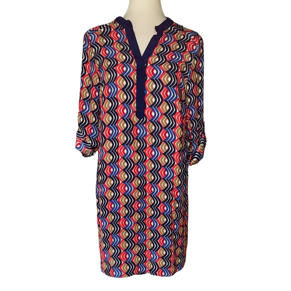 Alice & Trixie Silk Tan Blue Red Geometric Print Tunic Column Dress - M